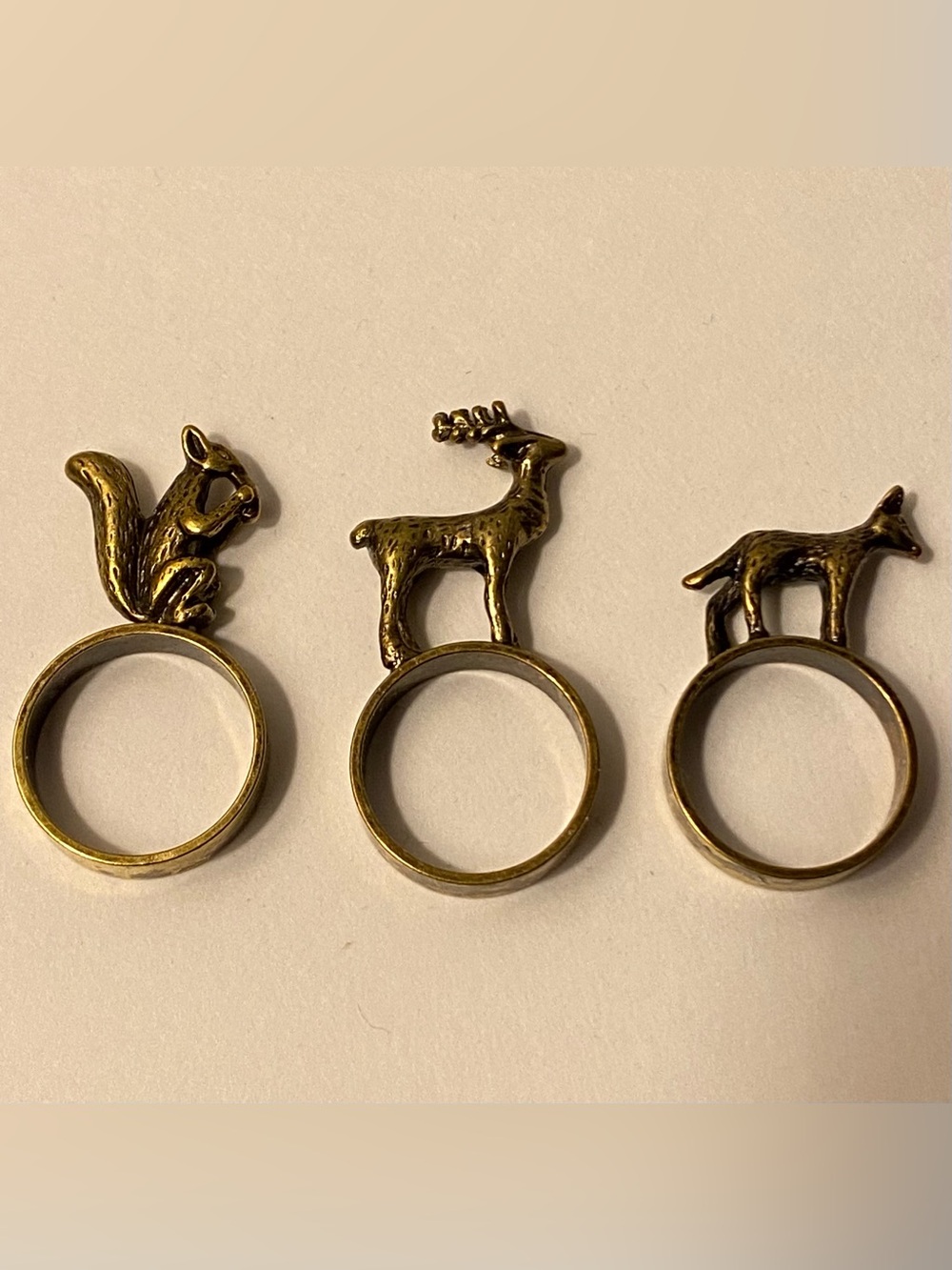Animal Figural Rings Squirrel Stag Fox Brass Tone Size 6.5 Set Of Three